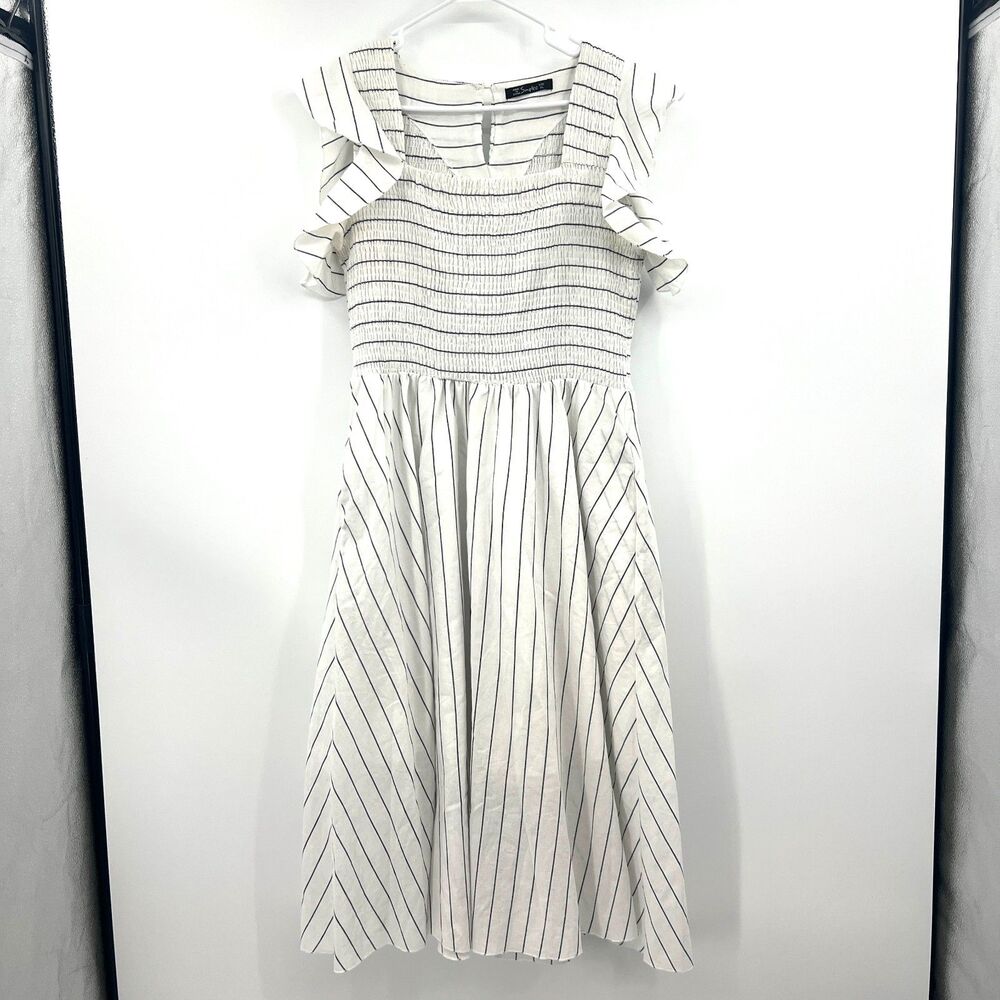 Simplee Womens XL White Striped Smocked Ruffle Cotton Linen Midi Dress